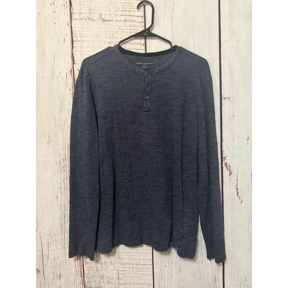 Robert Barakett Douglas Henley Shirt Long Sleeve Cotton Crew Blue Stripe Size XL